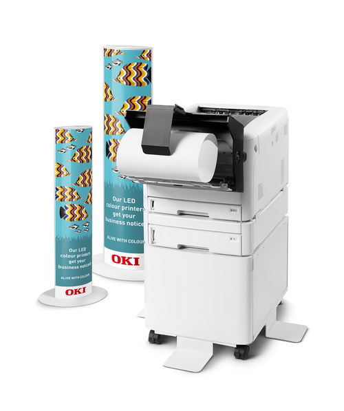 OKI C800 series banner with totems, and optional banner feed and 2nd tray 